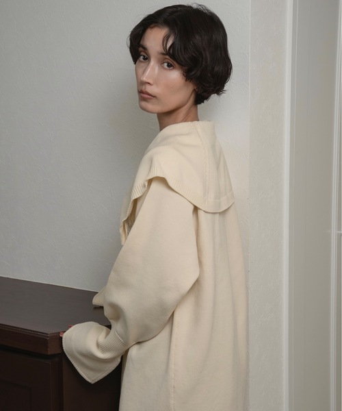 lawgy(ラウジー)の「big collar cuffs flare op / ビッグカラーカフスフレアワンピース(ワンピース・レディース・チャコール/ホワイト/ブラウン・FREE)」の7枚目の写真