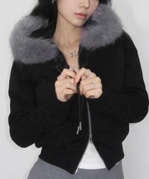A'GEM/9 × .kom 『.KOM/ドットケーオーエム』Gray Faux Fur Hoodie Zip-Up Sweatshirt/グレーファーフーディージップスウェット