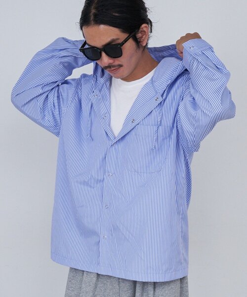 Kastane（カスタネ）の「*【セットアップ対応/チェック&ストライプ/ユニセックス】BM フードシャツ（シャツ/ブラウス・レディース・ブラック/ブラウン/ブルー・FREE）」の3枚目の写真