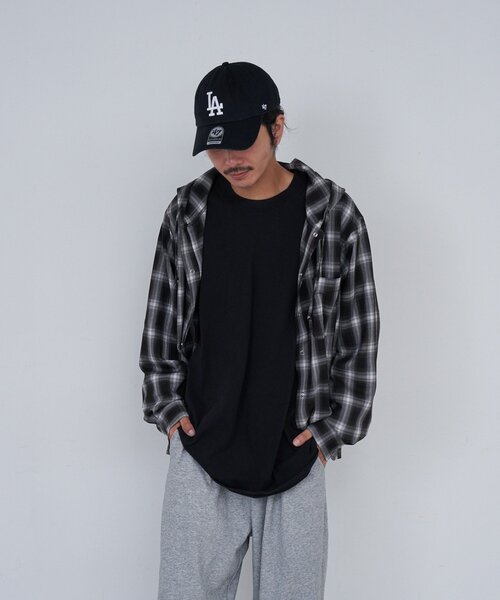 Kastane（カスタネ）の「*【セットアップ対応/チェック&ストライプ/ユニセックス】BM フードシャツ（シャツ/ブラウス・レディース・ブラック/ブラウン/ブルー・FREE）」の5枚目の写真