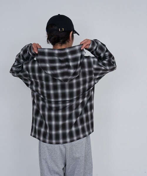 Kastane（カスタネ）の「*【セットアップ対応/チェック&ストライプ/ユニセックス】BM フードシャツ（シャツ/ブラウス・レディース・ブラック/ブラウン/ブルー・FREE）」の9枚目の写真