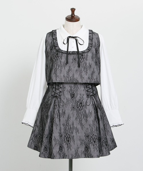 4Lー6L】ヨークフリルレースアップセットアップ風ドッキングワンピース