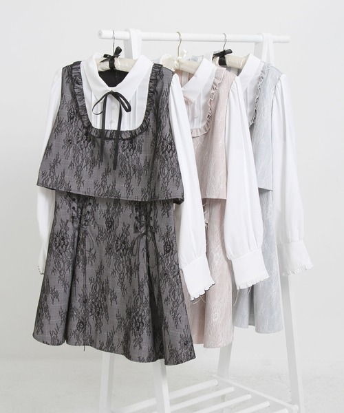 4Lー6L】ヨークフリルレースアップセットアップ風ドッキングワンピース