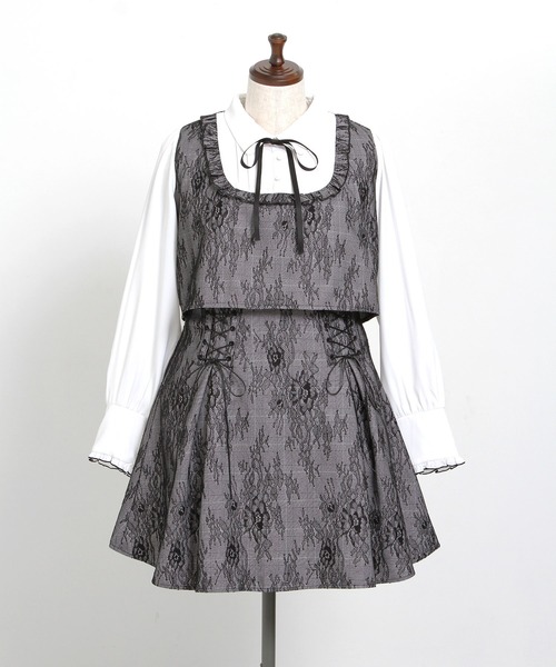 4Lー6L】ヨークフリルレースアップセットアップ風ドッキングワンピース