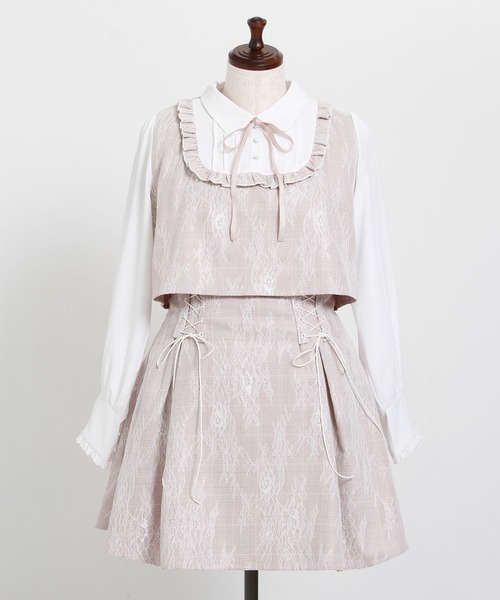 4Lー6L】ヨークフリルレースアップセットアップ風ドッキングワンピース