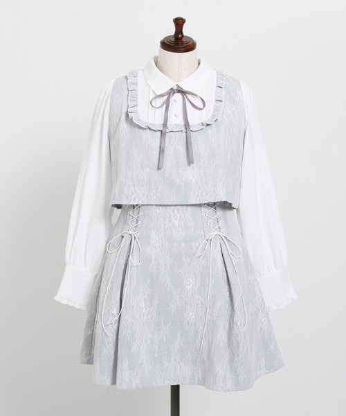 4Lー6L】ヨークフリルレースアップセットアップ風ドッキングワンピース