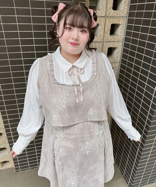 4Lー6L】ヨークフリルレースアップセットアップ風ドッキングワンピース