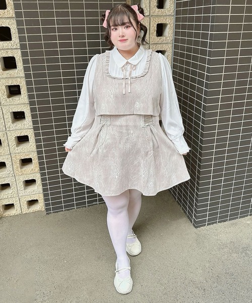 4Lー6L】ヨークフリルレースアップセットアップ風ドッキングワンピース