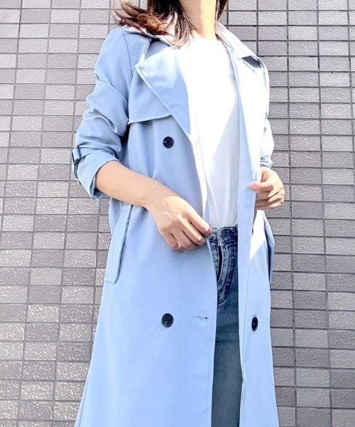 【美品】23区 トレンチコート スプリングコート ベルト付 水色 40 セール】トレンチコート スプリングコート（トレンチコート