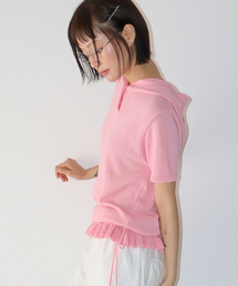 BUTTON HOODED FRILL HALF SLEEVE KNIT SOFT PINK