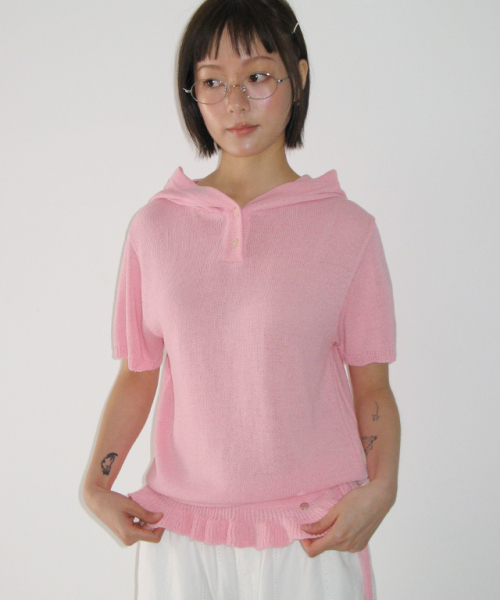 RONRON（ロンロン）の「BUTTON HOODED FRILL HALF SLEEVE KNIT SOFT PINK（ニット/セーター・レディース・その他・FREE）」の2枚目の写真
