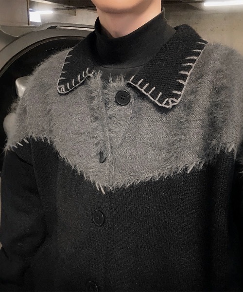 SHEPP（シープ）の「配色ステッチシャギー切り替えニットジャケット（テーラードジャケット・メンズ・ブラック・M）」の4枚目の写真