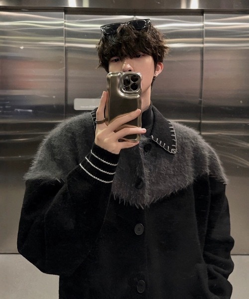 SHEPP（シープ）の「配色ステッチシャギー切り替えニットジャケット（テーラードジャケット・メンズ・ブラック・M）」の2枚目の写真