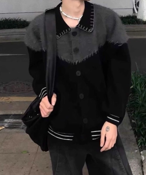 SHEPP（シープ）の「配色ステッチシャギー切り替えニットジャケット（テーラードジャケット・メンズ・ブラック・M）」の6枚目の写真