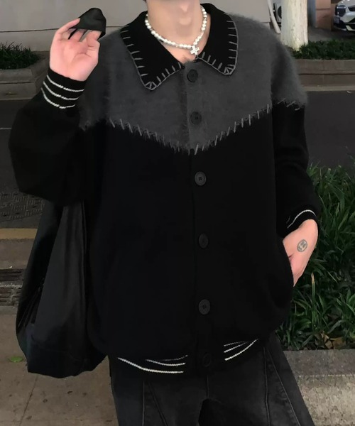 SHEPP（シープ）の「配色ステッチシャギー切り替えニットジャケット（テーラードジャケット・メンズ・ブラック・M）」の9枚目の写真