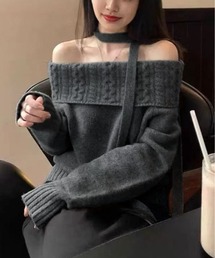 ケーブル デザイン オフショルダー リボン ニット