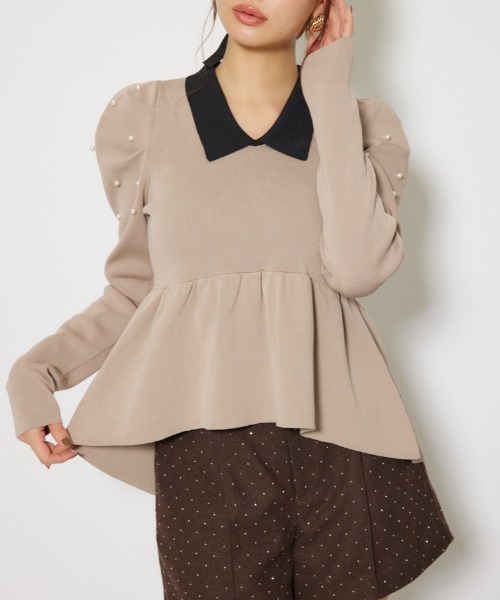 rienda(リエンダ)の「パール付きペプラムニットトップス 秋服 冬服(ニット/セーター・レディース・ベージュ/ブラック/ブルー・FREE)」の3枚目の写真