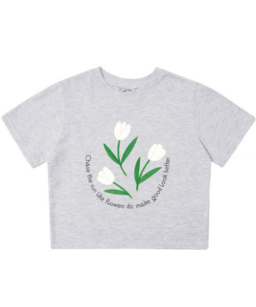 MATCHGLOBE(マッチグローブ)の「スリーフラワークロップTシャツ(ライトグレー)(Tシャツ/カットソー・レディース・その他・FREE)」の1枚目の写真