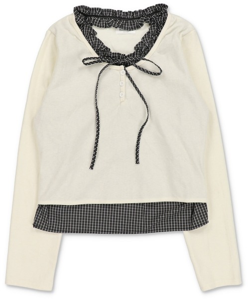 SPINNS（スピンズ）の「重ね着いらずで即可愛い♪リボン付きレイヤード風カットソー（Tシャツ/カットソー・レディース・ベージュ/ブラウン/ネイビー/オフホワイト・ONESIZE）」の5枚目の写真