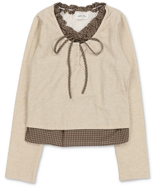 SPINNS（スピンズ）の「重ね着いらずで即可愛い♪リボン付きレイヤード風カットソー（Tシャツ/カットソー・レディース・ベージュ/ブラウン/ネイビー/オフホワイト・ONESIZE）」の8枚目の写真