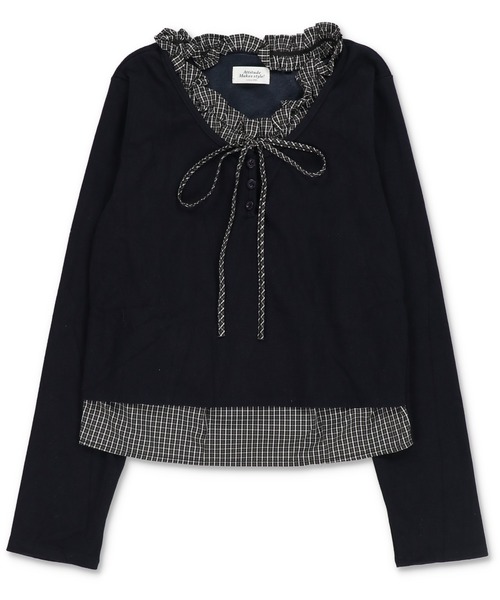 SPINNS（スピンズ）の「重ね着いらずで即可愛い♪リボン付きレイヤード風カットソー（Tシャツ/カットソー・レディース・ベージュ/ブラウン/ネイビー/オフホワイト・ONESIZE）」の6枚目の写真