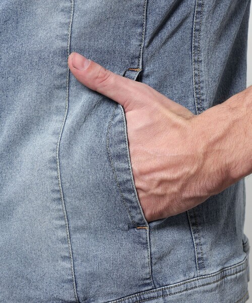 HIDEAWAYS NICOLE（ハイダウェイニコル）の「ライトオンスストレッチデニム７分袖Gジャン（デニムジャケット・メンズ・オフホワイト/インディゴブルー/ブルー・X-LARGE/LARGE/MEDIUM）」の17枚目の写真