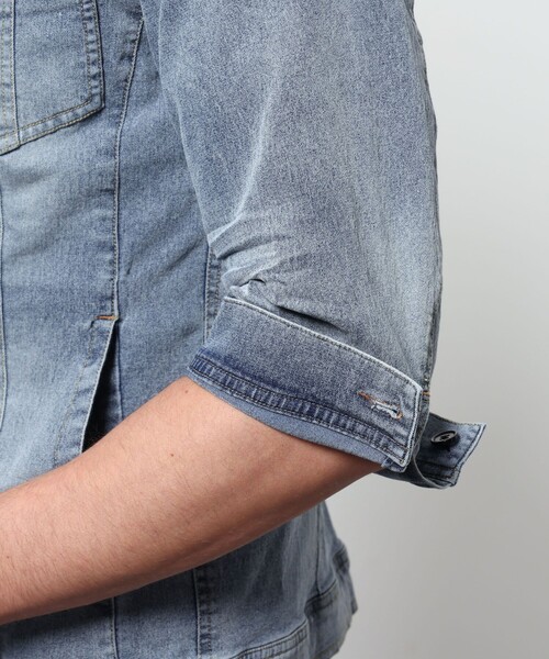 HIDEAWAYS NICOLE（ハイダウェイニコル）の「ライトオンスストレッチデニム７分袖Gジャン（デニムジャケット・メンズ・オフホワイト/インディゴブルー/ブルー・X-LARGE/LARGE/MEDIUM）」の19枚目の写真
