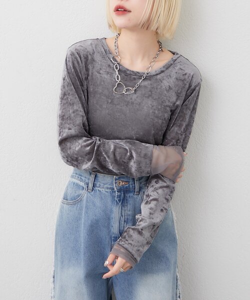 w closet（ダブルクローゼット）の「袖チュールベロアロンT（Tシャツ/カットソー・レディース・アイボリー/ピンク/グレー/ブルー・FREE）」の3枚目の写真