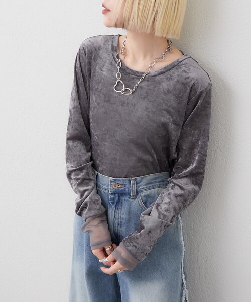 w closet（ダブルクローゼット）の「袖チュールベロアロンT（Tシャツ/カットソー・レディース・アイボリー/ピンク/グレー/ブルー・FREE）」の15枚目の写真