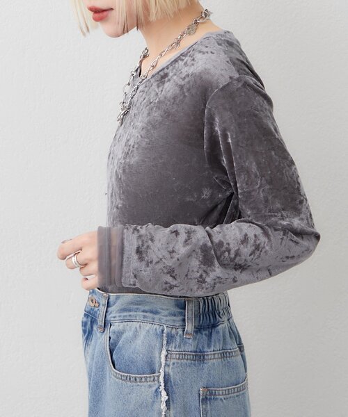 w closet（ダブルクローゼット）の「袖チュールベロアロンT（Tシャツ/カットソー・レディース・アイボリー/ピンク/グレー/ブルー・FREE）」の16枚目の写真