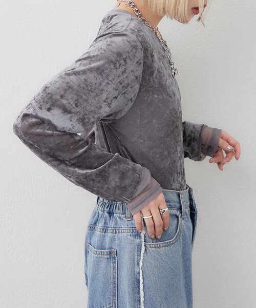 w closet（ダブルクローゼット）の「袖チュールベロアロンT（Tシャツ/カットソー・レディース・アイボリー/ピンク/グレー/ブルー・FREE）」の18枚目の写真