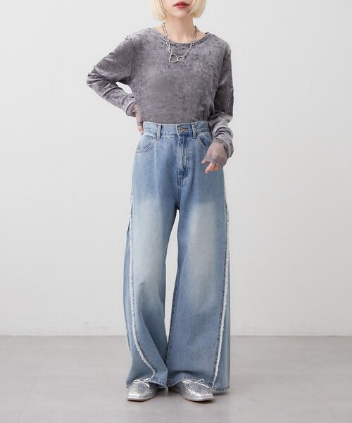 w closet（ダブルクローゼット）の「袖チュールベロアロンT（Tシャツ/カットソー・レディース・アイボリー/ピンク/グレー/ブルー・FREE）」の19枚目の写真