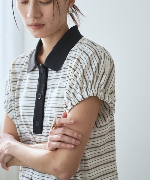 audrey and john wad（オードリーアンドジョンワッド）の「ボーダーカットソーワンピース（Tシャツ/カットソー・レディース・ネイビー/ライトベージュ/グレー・FREE）」の4枚目の写真