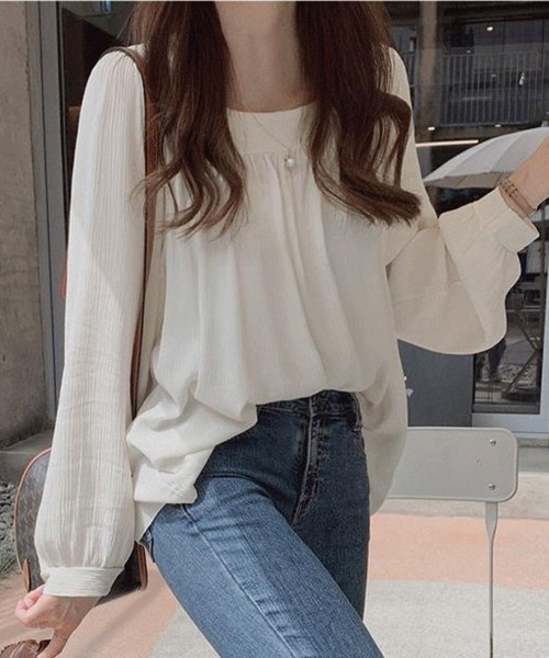 SallyLunn（サリーラン）の「スクエアネックギャザーブラウス（シャツ/ブラウス・レディース・アイボリー/グレー・LARGE/MEDIUM）」の3枚目の写真