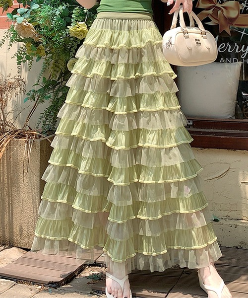 AMAJI（アマジ）の「ティアードフリルシアースカート（スカート・レディース・ブラック/ピンク/グリーン/ホワイト・X-LARGE/LARGE/MEDIUM/SMALL）」の3枚目の写真