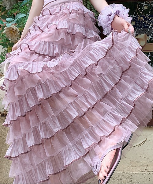 AMAJI（アマジ）の「ティアードフリルシアースカート（スカート・レディース・ブラック/ピンク/グリーン/ホワイト・X-LARGE/LARGE/MEDIUM/SMALL）」の5枚目の写真