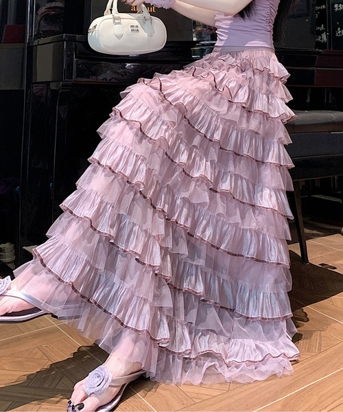 AMAJI（アマジ）の「ティアードフリルシアースカート（スカート・レディース・ブラック/ピンク/グリーン/ホワイト・X-LARGE/LARGE/MEDIUM/SMALL）」の6枚目の写真