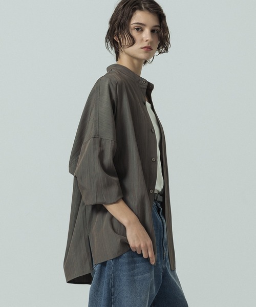 SLICK(スリック)の「【SLICK/スリック】Linen Like Dolman Sleeve Band Collar Shirt/リネンライク ドルマンスリーブ バンドカラーシャツ/オーバーサイズ(シャツ/ブラウス・メンズ・ブラック/ブラウン/キナリ・2/3/1)」の3枚目の写真