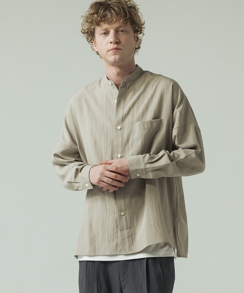 SLICK(スリック)の「【SLICK/スリック】Linen Like Dolman Sleeve Band Collar Shirt/リネンライク ドルマンスリーブ バンドカラーシャツ/オーバーサイズ(シャツ/ブラウス・メンズ・ブラック/ブラウン/キナリ・2/3/1)」の4枚目の写真