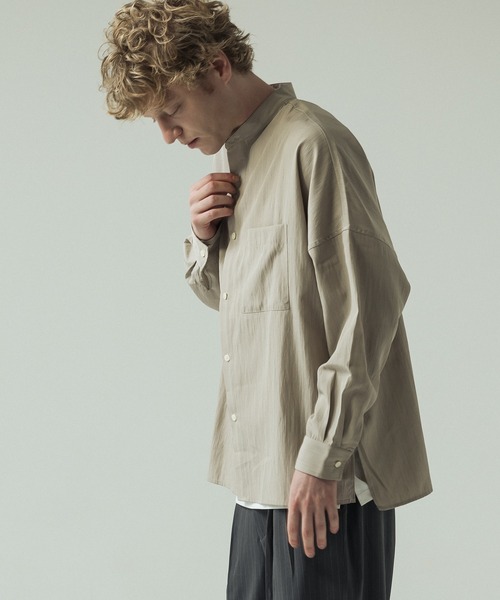 SLICK(スリック)の「【SLICK/スリック】Linen Like Dolman Sleeve Band Collar Shirt/リネンライク ドルマンスリーブ バンドカラーシャツ/オーバーサイズ(シャツ/ブラウス・メンズ・ブラック/ブラウン/キナリ・2/3/1)」の5枚目の写真
