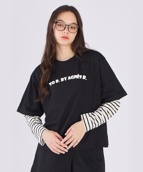 To b. by agnes b.(トゥービーバイアニエスベー)の「ロゴ パフプリント コットン 半袖 Tシャツ(Tシャツ/カットソー・レディース・ブラック・40/38)」の1枚目の写真