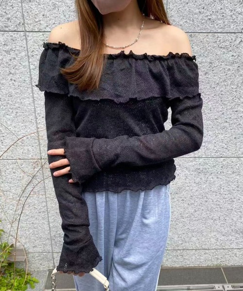 mebole(メボレ)の「オフショルフリルスリムトップス(Tシャツ/カットソー・レディース・ピンク/ブラック/ホワイト・FREE)」の22枚目の写真