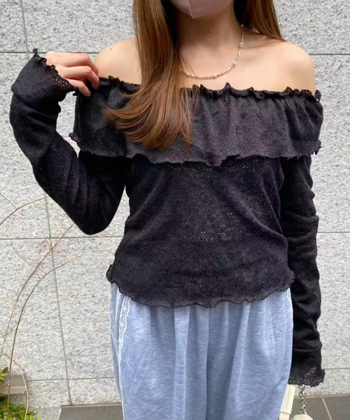 mebole(メボレ)の「オフショルフリルスリムトップス(Tシャツ/カットソー・レディース・ピンク/ブラック/ホワイト・FREE)」の21枚目の写真