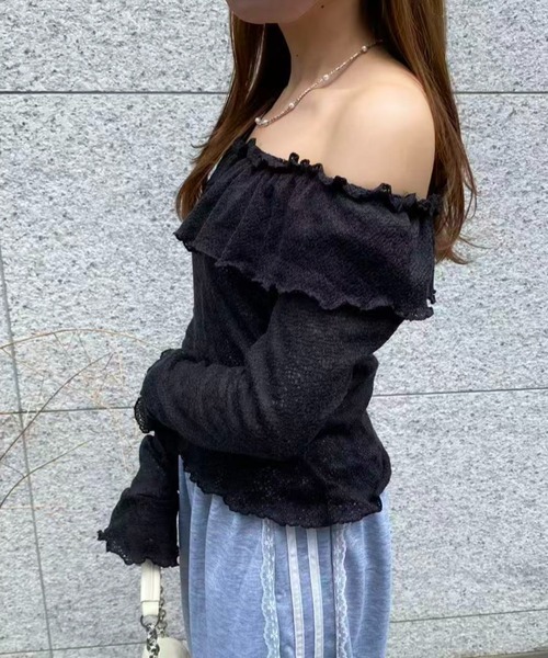 mebole(メボレ)の「オフショルフリルスリムトップス(Tシャツ/カットソー・レディース・ピンク/ブラック/ホワイト・FREE)」の20枚目の写真