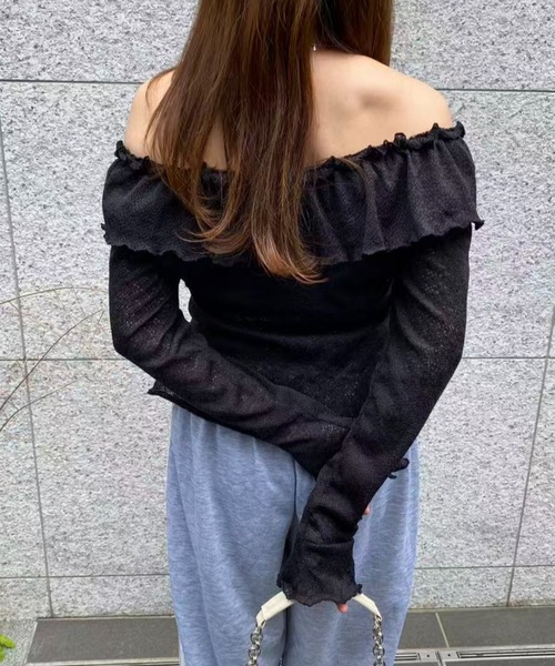 mebole(メボレ)の「オフショルフリルスリムトップス(Tシャツ/カットソー・レディース・ピンク/ブラック/ホワイト・FREE)」の19枚目の写真