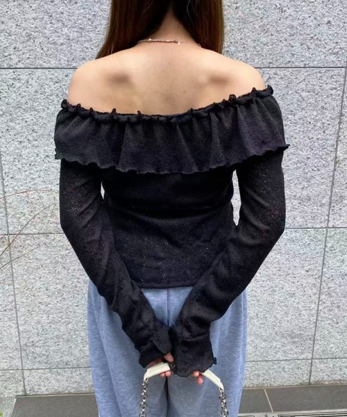 mebole(メボレ)の「オフショルフリルスリムトップス(Tシャツ/カットソー・レディース・ピンク/ブラック/ホワイト・FREE)」の18枚目の写真