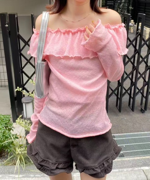 mebole(メボレ)の「オフショルフリルスリムトップス(Tシャツ/カットソー・レディース・ピンク/ブラック/ホワイト・FREE)」の13枚目の写真
