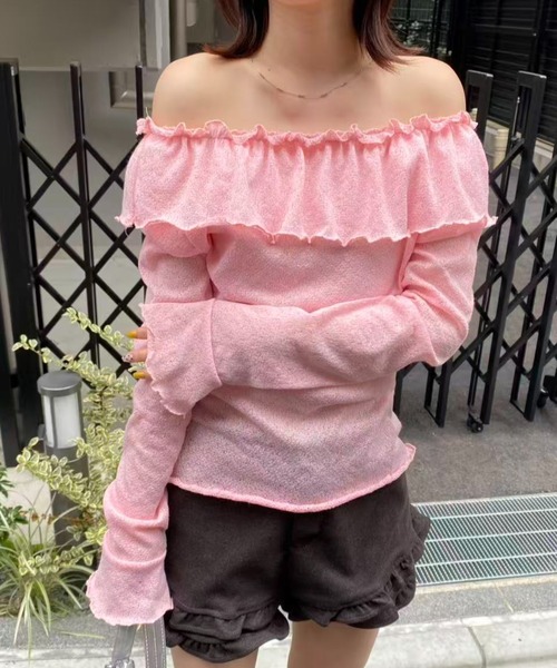 mebole(メボレ)の「オフショルフリルスリムトップス(Tシャツ/カットソー・レディース・ピンク/ブラック/ホワイト・FREE)」の10枚目の写真