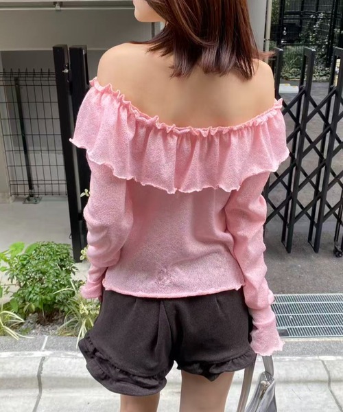 mebole(メボレ)の「オフショルフリルスリムトップス(Tシャツ/カットソー・レディース・ピンク/ブラック/ホワイト・FREE)」の8枚目の写真