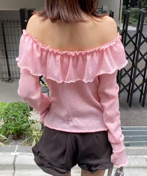 mebole(メボレ)の「オフショルフリルスリムトップス(Tシャツ/カットソー・レディース・ピンク/ブラック/ホワイト・FREE)」の7枚目の写真